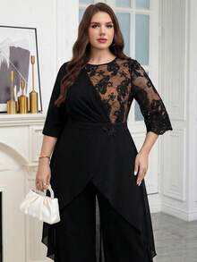 Reflora 大码优雅撞色蕾丝直筒连体裤，秋季 - 彩色 - 查看 3