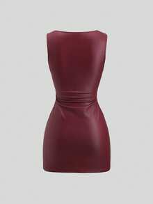 Sweetra 女士纯色无袖垂领时尚夏季简约修身连衣裙 - 酒紅色 - 查看 2