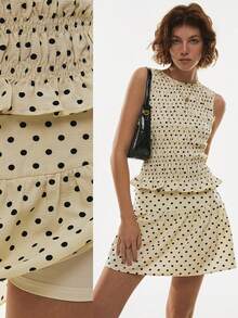 Poéselle Women's Retro Polka-Dot Smocked Peplum Tank & A-Line Mini Skirt Co-Ord Set – Playful Summer Brunch & Vacation Look Polka Dot Two Piece Set, Smocked Top, Mini Skirt Outfit, Summer Co-Ord, Retro Polka Style, Vacation Matching Set, Playful Brunch Look Polka Dot Print Pleated Sleeveless Top And Skort Casual Suit Women's Summer Set  Beach Set Vacation Outfits Women - Apricot - View 1
