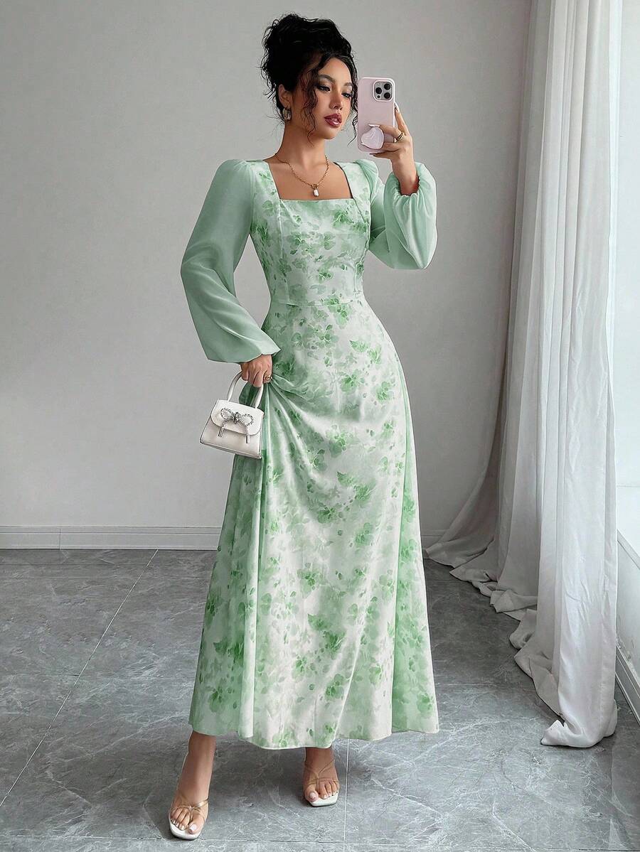Modelyn 女士印花方领长袖优雅夏季连衣裙 - 綠色 - 查看 1