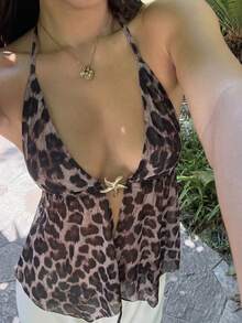 Sunnyshic 女士豹纹露背吊带系带上衣，沙滩度假风，网状海星金属装饰，性感夜店装 - 咖啡棕 - 查看 5