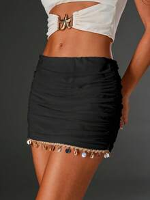 TRNVIE 1件装 女士杏色 夏季休闲度假 低腰 网纱 流苏 贝壳装饰 褶皱 修身 沙滩裙 - 黑色 - 查看 3