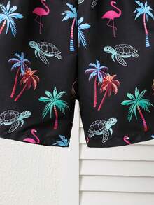 SHEIN Young Boy Tropical Print Drawstring Waist Beach Shorts, Summer - Black - View 7