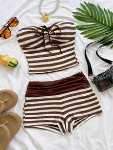 Soleia 女士休闲度假两件套：卡其色条纹系带抹胸上衣 + 条纹撞色迷你短裤，适合海滩、邮轮、城市度假、下午茶等场合。 - 咖啡棕 - 查看 7