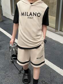 SHEIN Little Byeori 2件套 男童休闲韩版字母印花连帽短袖卫衣和纯色短裤套装 - 彩色 - 查看 2