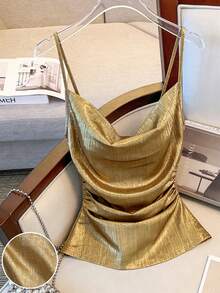 Elenzga New Shiny Gold Pleated Draped Neck Camisole, Versatile For Commute, Party, Vacation - Gold - View 2