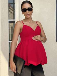 MaterniWear Elegant Solid Color Ruched Waist Maternity Camisole For Summer - Red - View 8