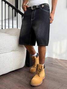 Manfinity Hypemode Unisex American Hip Hop Style Denim Shorts With Pockets - Black - View 5