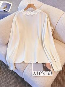 GlowEve CURVE Plus Size Women's White Elegant Autumn Party Embroidered Ruffle V-Neck Bow Tie,Lace Trim Cuff Long Sleeve Blouse,Suitable For Commuting Cream Blouses - Apricot - View 2