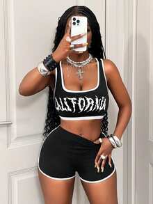 BamGleam Women's Sleeveless Crop Top,Black And White Contrast Color Letter Print Tie-Up Summer Streetwear Club Casual Sports Yoga Running Music Festival - Black - View 4