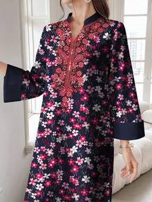 SHEIN Najma 花卉线条印花V领开衩下摆长袖连衣裙，优雅阿拉伯风格春夏服装 - 彩色 - 查看 3