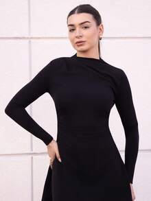 Andrea Bello Vestido Plissado Vermelho de Manga Longa Elegante, Minimalista, Delicado, Romântico, Doce, para Uso Diário, Casamento, Festa, Festival de Música, Férias - Preto - Visão 6