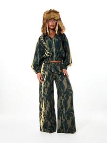 SUMWON WOMEN Sudadera con capucha de manga raglán oversize con estampado de camuflaje y paneles de contraste - Verde militar - Ver 5