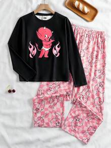 SHEIN HOT STUFF Tween Girl Cartoon Flame Print Long Sleeve Top And Checkerboard Long Pants Pajama Set, Spring/Autumn - Black - View 1