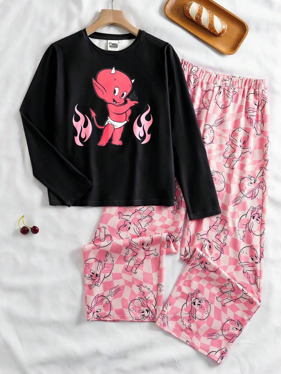 SHEIN HOT STUFF Tween Girl Cartoon Flame Print Long Sleeve Top And Checkerboard Long Pants Pajama Set, Spring/Autumn - Black - View 1