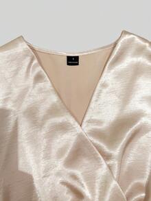 GlowEve Satin + Cinched Waist V-Neck Elegant Short Sleeve A-Line Blouse - Apricot - View 7