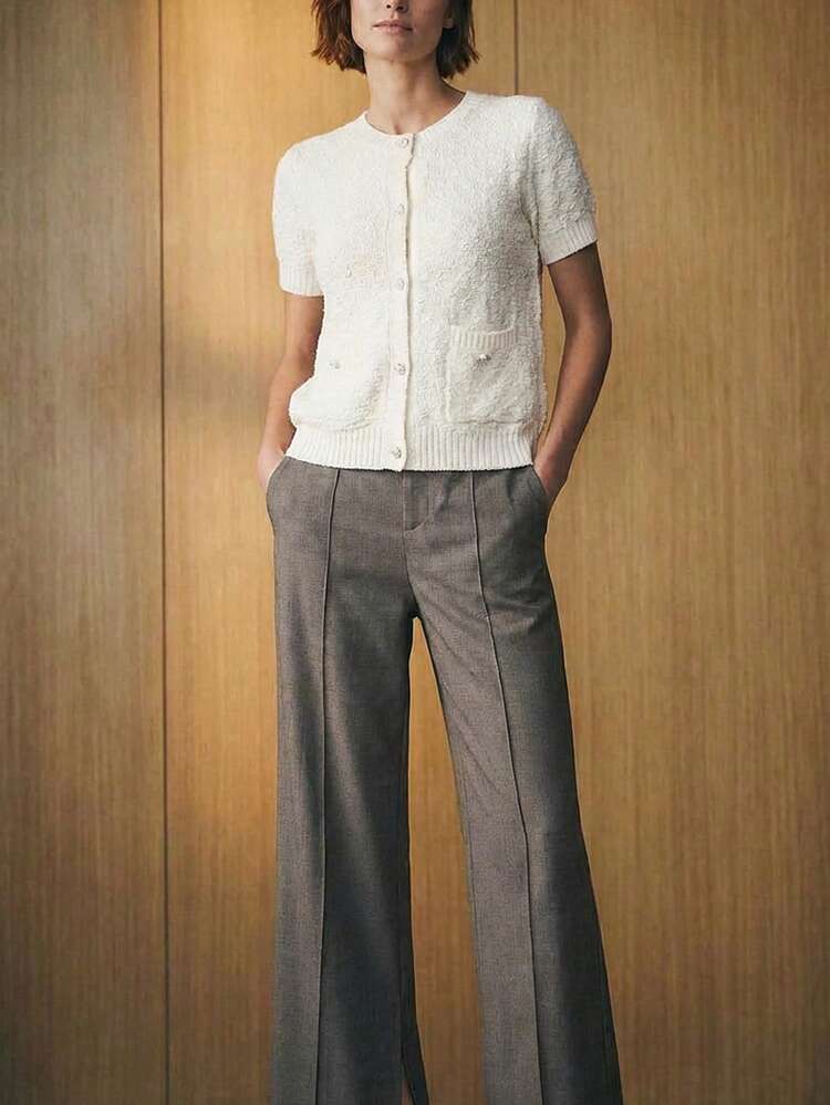 SHEIN Maija Valentine's Day Women's Casual Everyday Office Commute Solid Color Seam Front Split Hem Loose Wide Leg Pants Going Out High Waisted Pants Business Pants Business Casual Women Pants Spring Women Women's Work Valentine's Day Spring To Summer