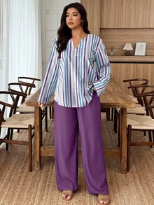 Breezaya Set de 2 piezas Traje de mujer talla grande con parte superior de estampado floral de cuello con muesca y mangas con botones en contraste de color y Bottom de unicolor, estampado aleatorio - Multicolor - Ver 5