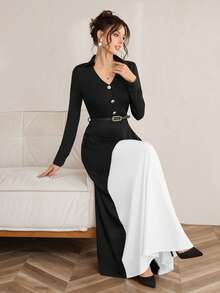 SHEIN Clasi 女士撞色梭织面料V领纽扣前襟长袖腰带A字中长连衣裙，商务优雅办公通勤休闲用餐两用，黑白撞色，秋冬春季 - 彩色 - 查看 8