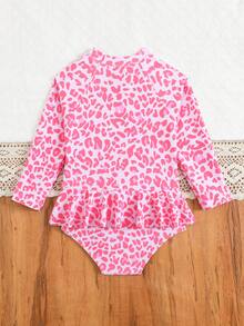 SHEIN 女婴可爱粉色豹纹荷叶边连体泳衣，适合夏季海滩度假 - 粉色 - 查看 2