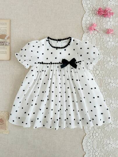 女婴百搭波点图案圆领泡泡袖连衣裙，夏季
