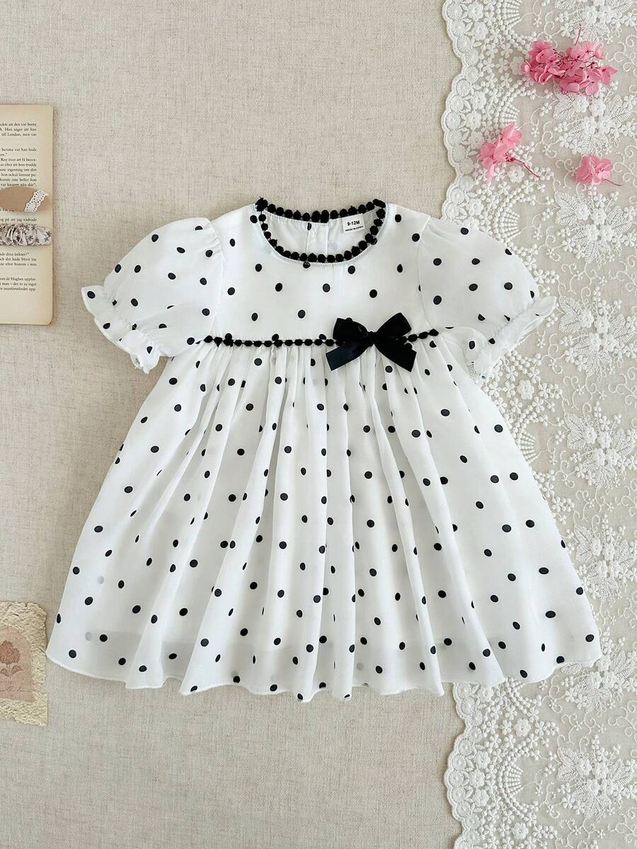 女婴百搭波点图案圆领泡泡袖连衣裙，夏季 - 黑與白 - 查看 1