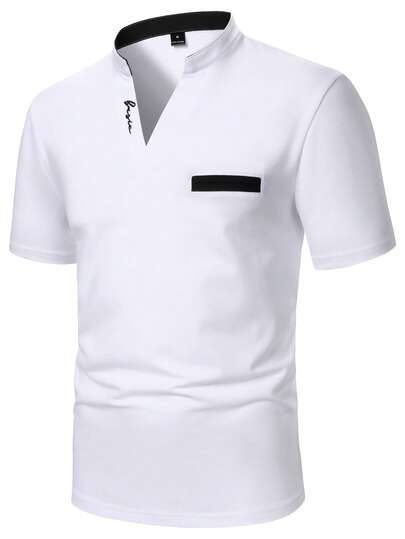 Manfinity Mode Men's Fashion Sports Design Casual Short Sleeve T-Shirt,Men Old Money,Daily Leisure, Weekend Trips, Outdoor Activities, Travel Expeditions, Relaxed Work Environments Or Semi-Formal Occasions, Boyfriend/Husband Gift, Anniversary /Birthday Gift Party Summer Vacation Holiday,Wedding,Spring To Summer,Mardi Gras,Casual Men White Polo Shirt With Stand Collar And Unique Chest Pocket Design,Men White T Shirts,V Neck Men Shirt,White Collar Shirt