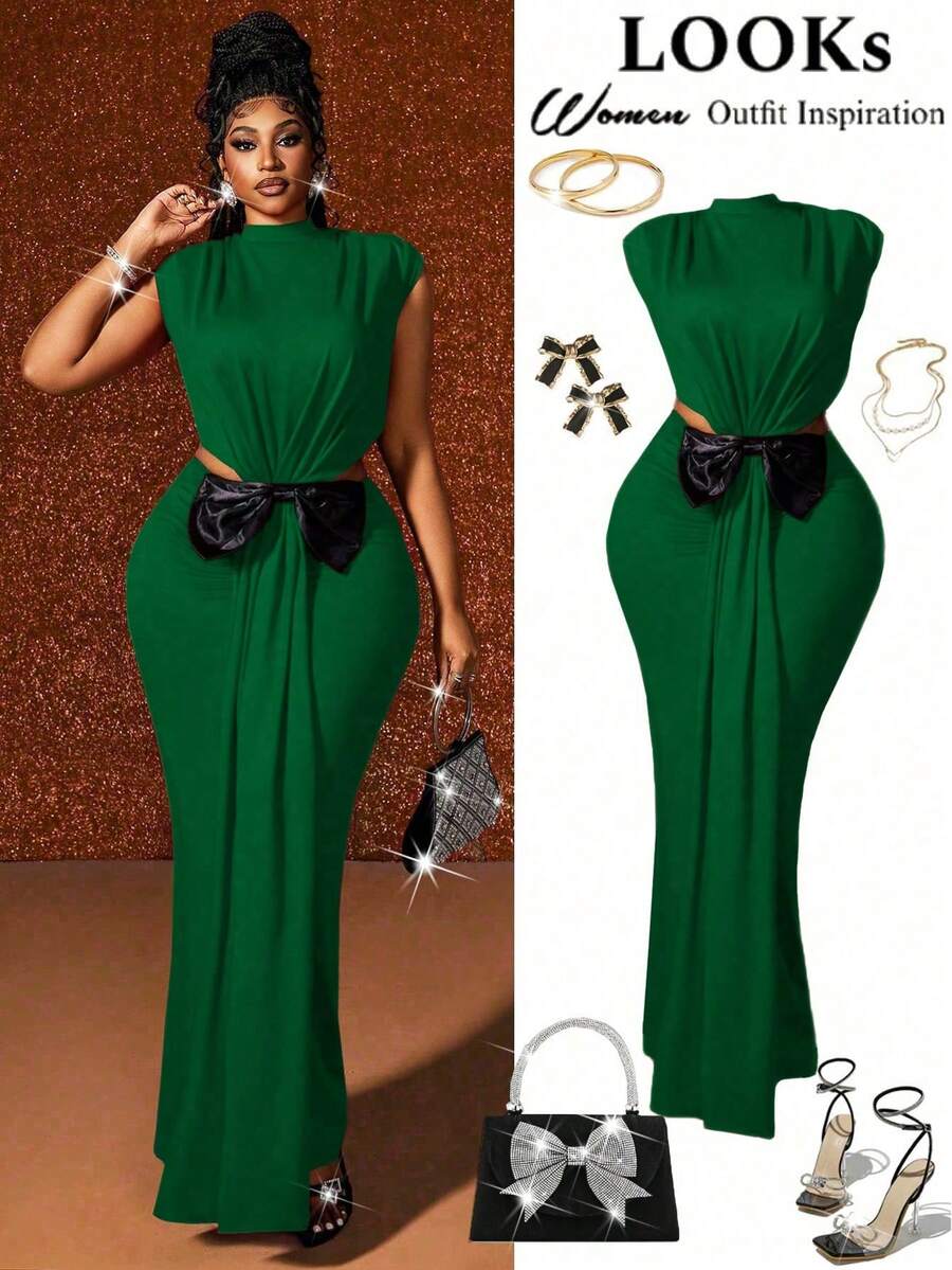 Maweii Plus Size Women Dark Green Summer Elegant Formal Sleeveless Ruched Shoulder Exaggerated 3D Bow Decor Party Christmas Birthday Cocktail Dress - Multicolor - View 1