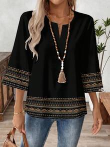 EMERY ROSE 女士七分袖V领工作衬衫，春秋季 - 黑色 - 查看 4