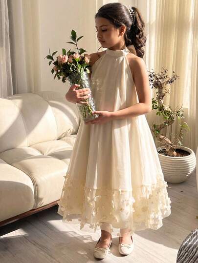 SHEIN Tween Girl vävd enfärgad stående krage mesh 3D blomma casual klänning