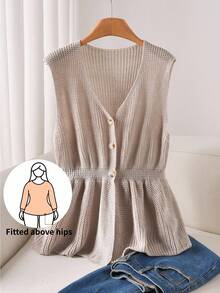 CosyJoli Áo khoác cardigan cổ chữ V không tay màu trơn cỡ lớn - Màu be - Xem 1