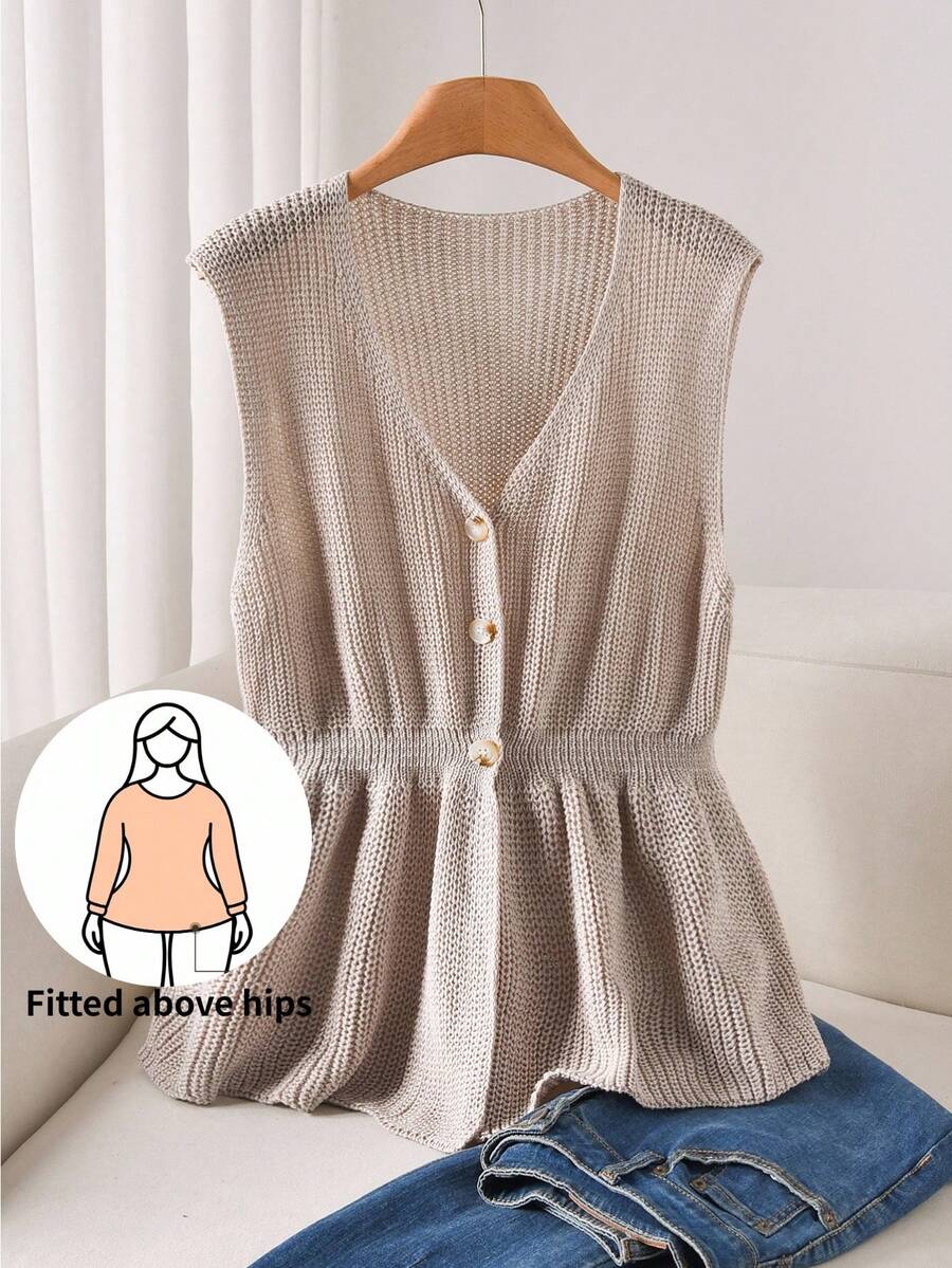 CosyJoli Áo khoác cardigan cổ chữ V không tay màu trơn cỡ lớn - Màu be - Xem 1