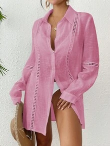 Swim Vcay Kimono de manga larga de unicolor, con bordado hueco, versátil y casual para cubrir - Rosa vieja - Ver 6