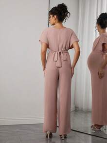 Momance Maternity Jumpsuit With Short Sleeves, V-Neck, Double Layer Design, Elastic Waist With Bow Tie, Zipper Back, Knitted Jacquard Straight Leg Pants - Dusty Pink - View 2
