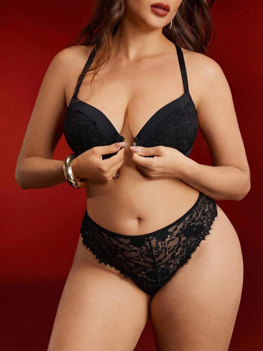 EmpressEnvy Plus Size Women Lace Patchwork Lingerie Set - Black - View 1