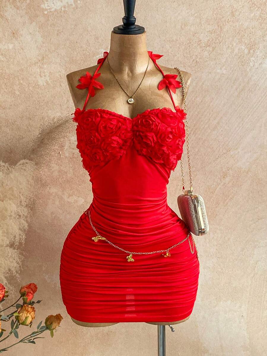 Soleia 女士花卉装饰褶皱领口修身优雅迷你连衣裙，波西米亚风，浪漫花卉图案，适合度假、派对、约会、情人节、复活节、狂欢节、下午茶、海滩、邮轮、城市假日等场合。 - 紅色 - 查看 1