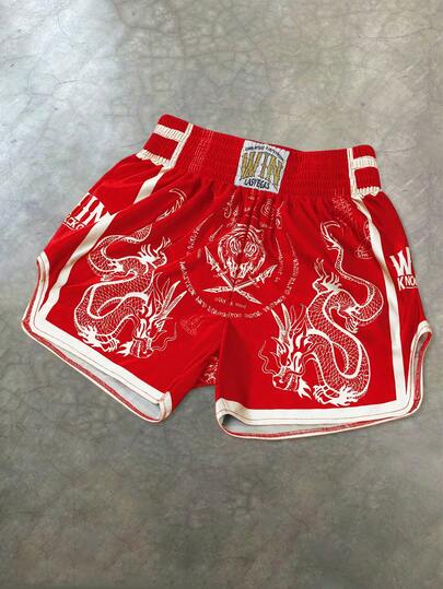 PAVTROS Men's Shorts One-Piece Set, Elastic Waist, High Tolerance, High Waist And Short Version, Super Shorts, Glossy Fabric With "Black And White Dragon And Tiger" Pattern, Thai Boxer Shorts, Sports Casual Basketball Shorts, Side Slits, Hot On Ins, Young Casual Sports Daily Commuting And Vacation Wear, The First Choice For Gifts For Boyfriends And Husbands, Couples Wear