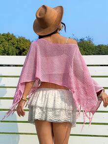 SHEIN EZwear 女士度假休闲纯色镂空露肩毛衣 - 粉色 - 查看 3