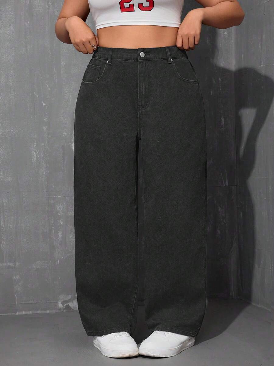 SHEIN ICON 大码纯色休闲牛仔裤 - 深灰色 - 查看 1