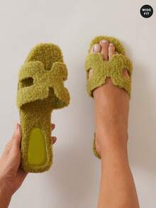 SHUZIA 女士大码时尚简约休闲毛绒家居拖鞋 夏季鞋 春季鞋 春假 复活节 母亲节礼物 宽楦 - 墨綠色 - 查看 2