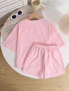 SHEIN LMoss Kids LMoss 儿童青少年女孩纯色针织短袖圆领上衣和宽松短裤休闲两件套 - 粉色 - 查看 2