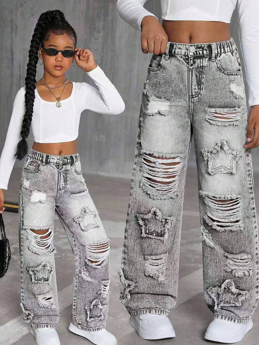 Tween Girl Retro Casual Personalized Fashion Blue Washed Ripped Patch Five-Pointed Star Embroidery Straight Leg Jeans, Relaxed Holiday & Casual Style Bottom - Grey - View 1
