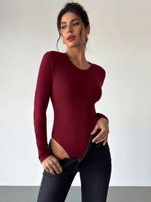 Firerie Women's Lace Patchwork Deep V-Back Scalloped Hem Long Sleeve Bodysuit - Burgundy - View 3