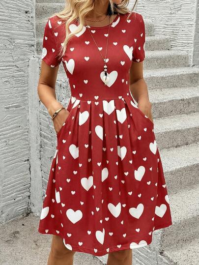 EMERY ROSE Vestido de manga corta con cuello redondo de color verde militar de longitud media para el verano, vestido casual rojo, vestido con estampado de corazón de manga corta, vestido de verano con bolsillos, vestido de mujer con estampado de corazón