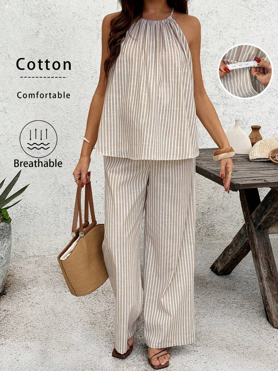 SHEIN Summer Maternity Clothes Maternity Co Ord Set  Pregnant  Vacation Khaki Cotton Striped Halter Neck Maternity Two-Piece Set 2pcs Maternity Striped Sleeveless Top And Pants Set - Khaki - View 1