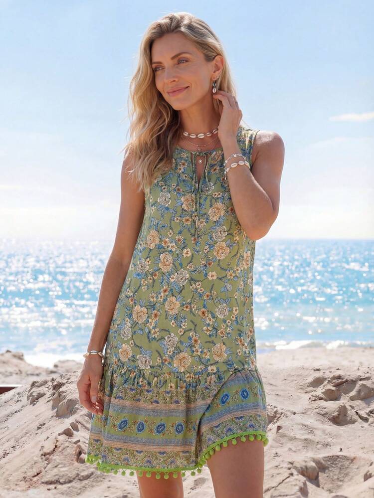 Women's Sleeveless Floral Print Dress With Knotted Collar,Vacation,Beach Outfit For Women