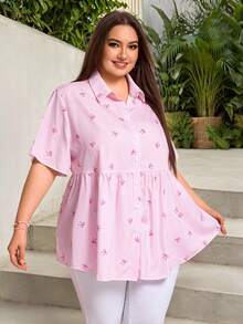 SHEIN CURVE+ Valentine's Day Plus Size Open Front Raglan Short Sleeve Striped Bow Print Peplum Blouse,Going Out,Tunic Top,Formal Tops For Women,Teacher Shirts - Pink - View 6