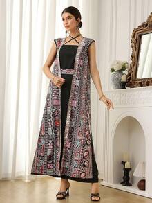 Al Najma Women's Summer Beach Vacation Patchwork Print Sleeveless Long Jacket And Criss-Cross Halter Dress Set - Black - View 3