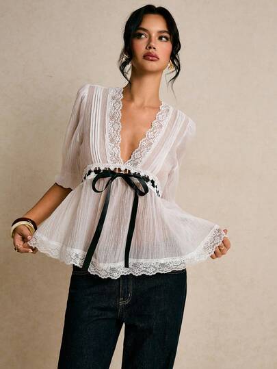 Poéselle Women's Summer Casual Vacation Deep V-Neck Contrast Color Knot Babydoll Top