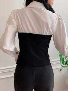 DAZY Chemisier élégant et formel pour femmes, à manches longues, avec patchwork et couleurs contrastées. Convient pour le printemps et l'automne - Blanc - Voir 2